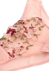 Blødt pink stof med en gennemsigtig meshpanel broderet med røde og pink blomster samt grønne blade, del af kanten på et plagg.