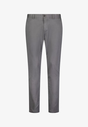 Pantalones de algodón grises con una textura suave, diseño de pierna recta y cierre de botón en la parte frontal. Presenta bolsillos laterales y traseros.