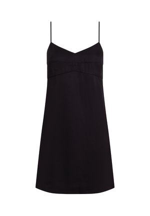 Vestido negro sin mangas con escote en V, confeccionado en tela suave, con corpiño ajustado y falda fluida de línea en A.