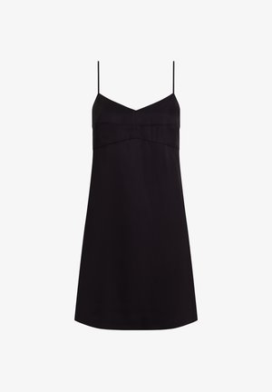 Abito nero senza maniche con scollo a V, realizzato in tessuto liscio, con corpetto aderente e gonna ampia a linea A.