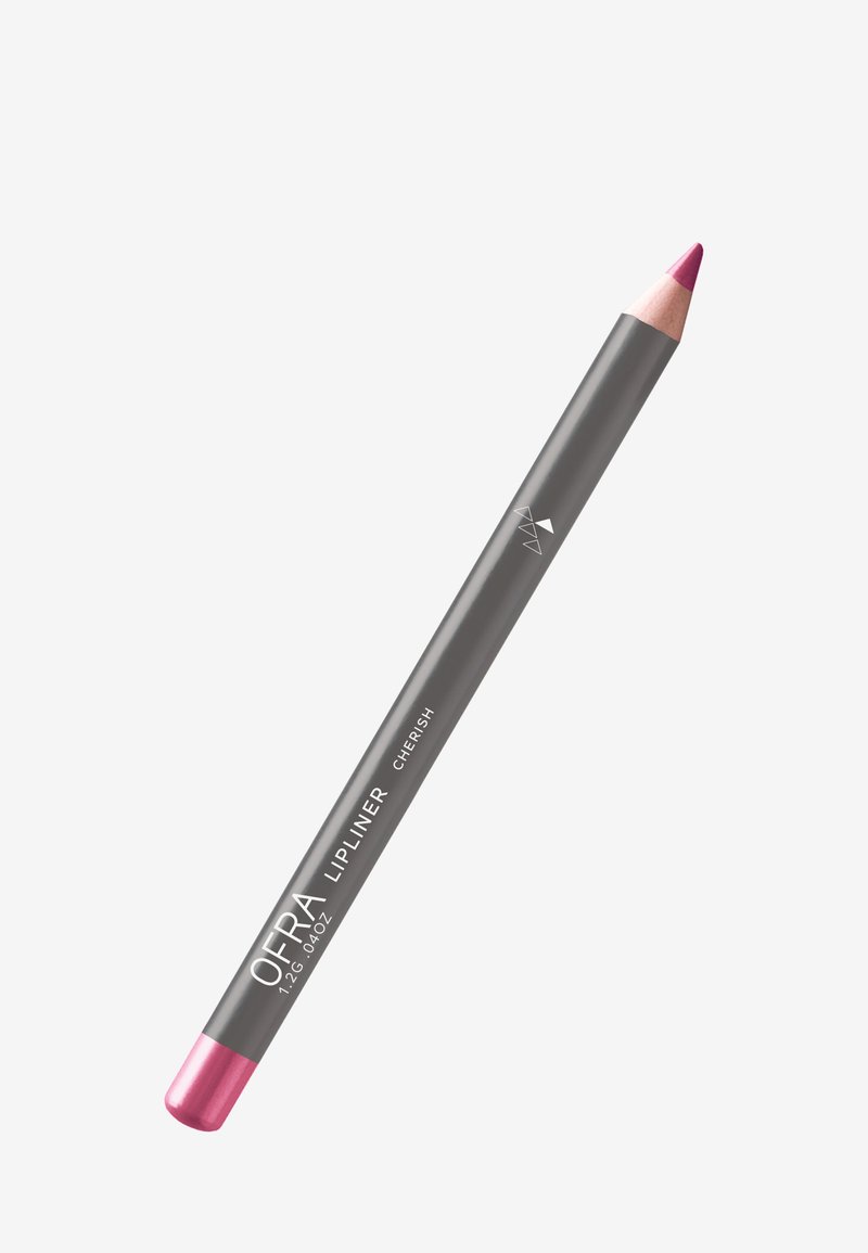 Grijze liplinerpotlood met een roze punt, met een draaibare ontwerp. Het label vermeldt in witte tekst "OFRA Lipliner" en "Cherish".