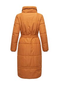 Long, padded coat in bright orange. Features a belted waist, high collar, and quilted pattern. Smooth, synthetic fabric.