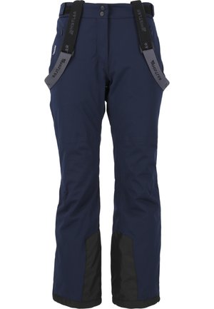 Navy waterproof snow pants with adjustable straps, zippered pockets, reinforced black lower sections, and a smooth texture.