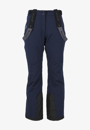 Pantalones de nieve waterproof en color navy con tirantes ajustables, bolsillos con cremallera, secciones inferiores reforzadas en negro y una textura suave.