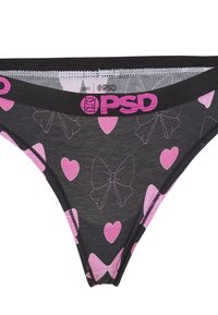 Sous-vêtements noirs pour femmes avec des nœuds roses et un motif de cœurs, avec une ceinture noire et un logo rose "PSD".