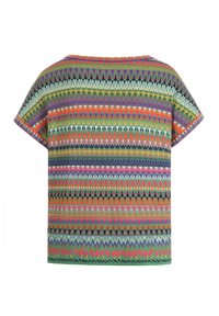 Il top lavorato a maglia multicolore presenta motivi verticali e orizzontali in verde, arancione, rosa e viola, con una silhouette rilassata e squadrata e maniche corte.