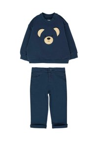 Marineblauwe sweatshirt met een berengezicht applicatie en bijpassende sportbroek met omslag. Gemaakt van katoen, met zachte texturen en een eenvoudig ontwerp.