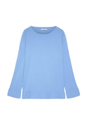 Maglione a maniche lunghe azzurro chiaro con scollo rotondo e ampi polsini, esposto su sfondo bianco.