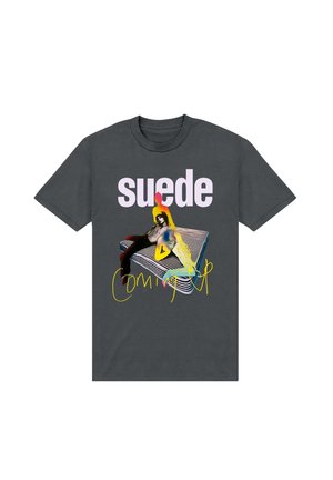 Grijze T-shirt gemaakt van katoen met kleurrijke bedrukte graphics van een zittende figuur, het woord "suede" en de zin "Coming Up."