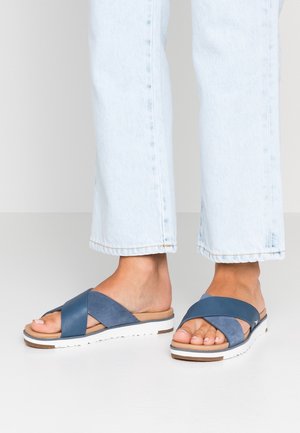 Blauwe leren en suède slidesandalen met gekruiste banden, een witte tussenzool en een gestructureerde rubberen buitenzool, gecombineerd met licht denim cropped broek.