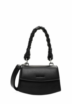 Schwarze Lederhandtasche mit strukturierter Form, geflochtenem Griff und metallischen Elementen. Verf�ügt über einen Klappenverschluss und ein dezentes, geprägtes Logo.