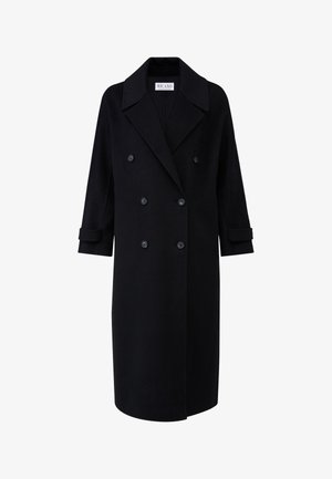 Schwarzer, doppelt geknöpfter Wollmantel mit Reverskragen, seitlichen Taschen und hochgekrempelten Ärmeln für eine strukturierte Silhouette.