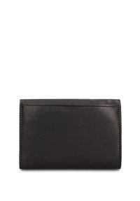 Portafoglio nero in pelle, forma rettangolare, texture liscia, design a piega unica, cuciture minime, senza decorazioni o componenti visibili.