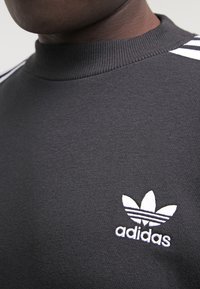 Svart sweatshirt med ribbad krage, vit tre-stripsdesign på axlarna och en broderad vit Adidas-logotyp på bröstet.