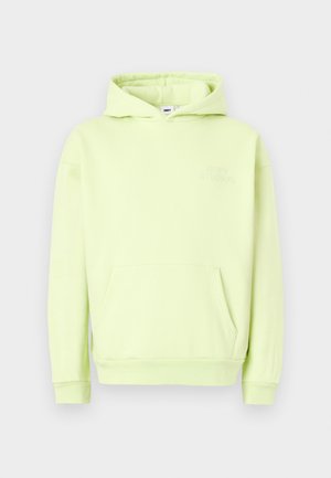 Light green hoodie with a front pouch pocket, ribbed cuffs, and hem. Features a tonal embossed "OBEY STUDIOS" logo on the chest.