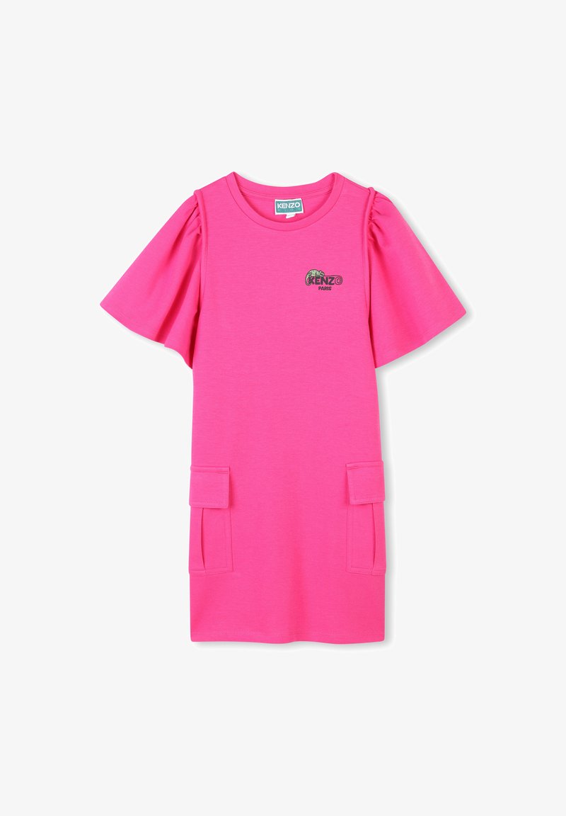 Robe t-shirt en coton rose avec des manches bouffantes courtes, deux poches avant et un détail de logo portant "KENZO Paris" sur la poitrine.