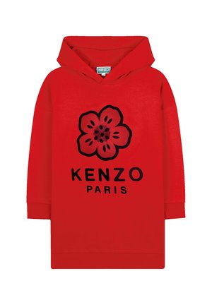 Rode hoodie met een zwart bloemmotief en het logo "KENZO PARIS". Gemaakt van zacht materiaal met geribbelde manchetten.