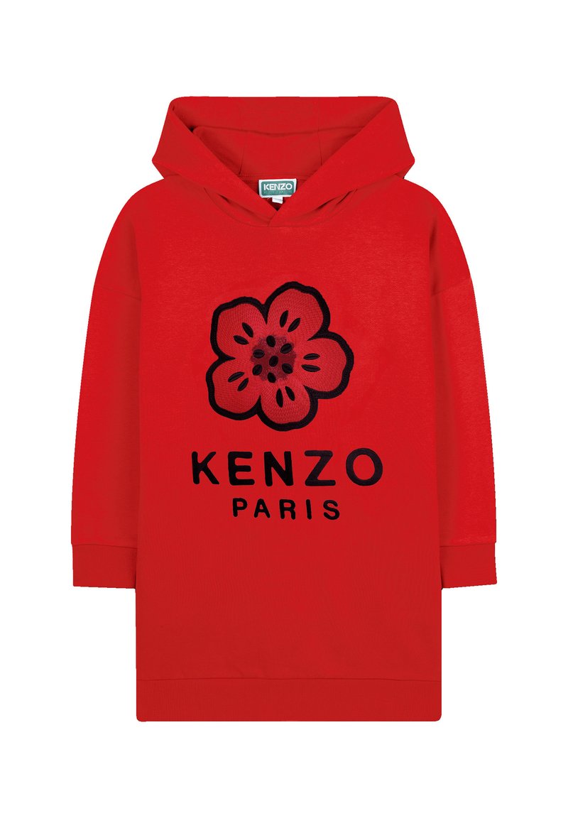 Sweat-shirt à capuche rouge avec un design floral noir et le logo "KENZO PARIS". Fabriqué en tissu doux avec des poignets côtelés.