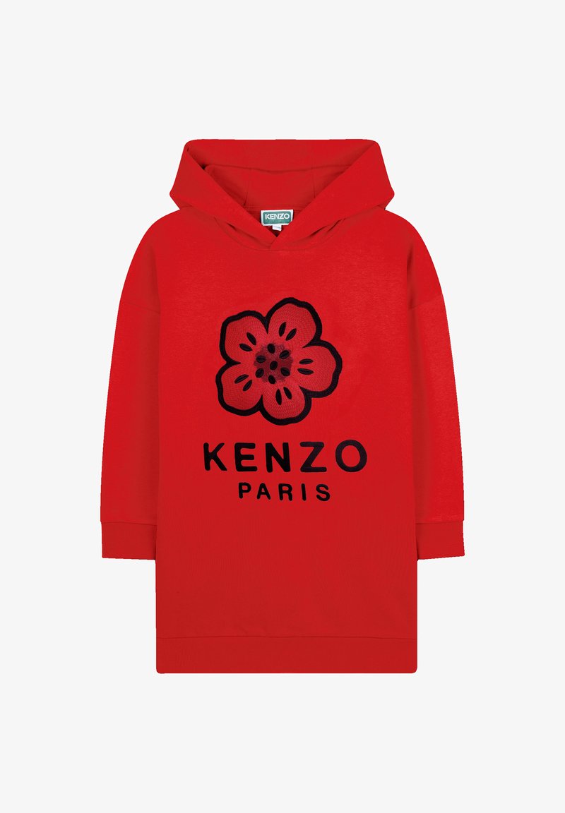 Sweat-shirt à capuche rouge avec un design floral noir et le logo "KENZO PARIS". Fabriqué en tissu doux avec des poignets côtelés.