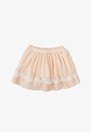 Falda de algodón rosa claro con pliegues y un borde de encaje en el dobladillo. Cintura elástica para un ajuste cómodo. Textura suave y diseño delicado.