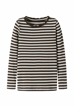 Chemise côtelée à manches longues avec rayures horizontales blanches et marron foncé et encolure ronde avec bordure en dentelle.