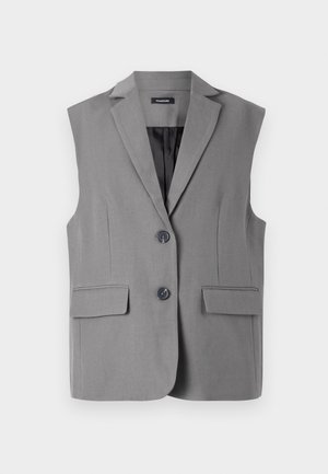 Gray sleeveless vest with a collar, two front pockets, and two buttons. The fabric has a smooth texture and soft lining.