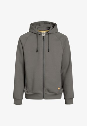 Grüner Kapuzenpullover mit Reißverschluss, Kordelzug, Fronttaschen, gerippten Bündchen und einem kleinen orangefarbenen runden Logo nahe dem unteren Saum.