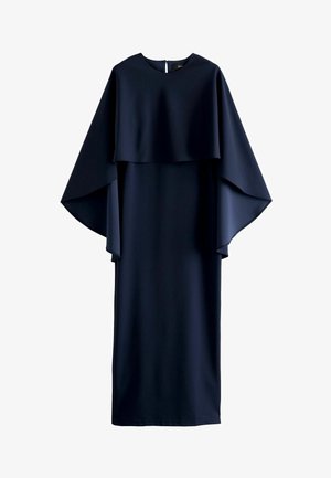 Vestido azul marino de corte holgado, con un diseño de capa en varias capas, mangas amplias y cierre de cremallera en la parte posterior. Fabricado en un tejido suave.