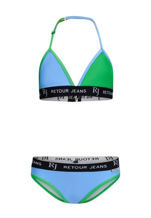 Dwuczęściowy zestaw bikini w kolorze jasnoniebieskim i zielonym z wzorem w blokach kolorów. Materiał jest gładki, a czarna elastyczna talia posiada napis "RETROUR JEANS."