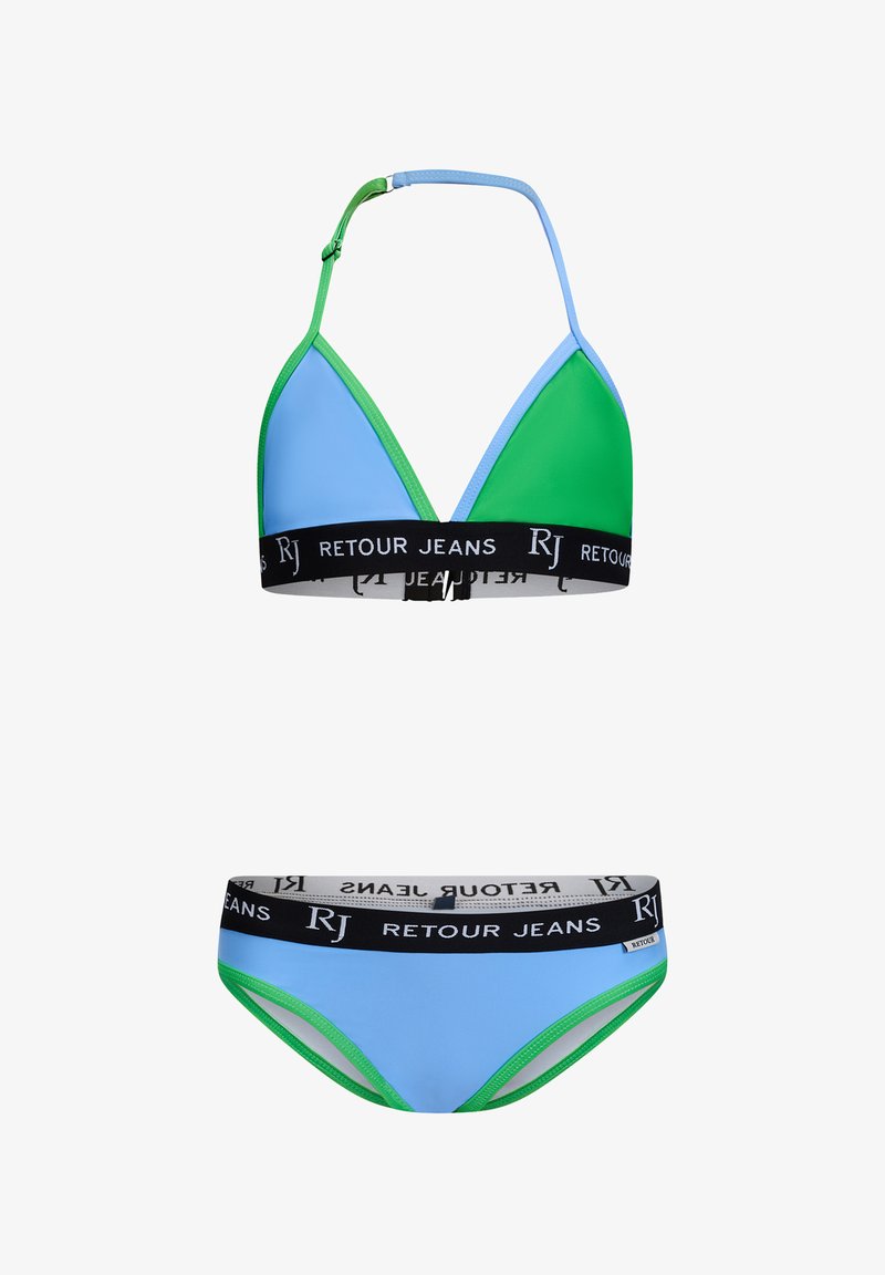 Zwei-teiliges Bikini-Set mit einem hellblauen und grünen Farbblockdesign. Das Material ist glatt mit einem schwarzen elastischen Bund, der "RETROUR JEANS" zeigt.