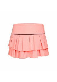 Gonna plissettata rosa con un'ampia vita e tre strati di volant; presenta un bordo a contrasto nero alla vita. Tessuto morbido e leggero.