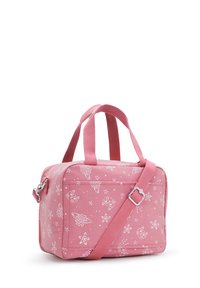 Borsa rettangolare rosa con motivi di stelle bianche e gatti, doppie maniglie superiori e una tracolla regolabile con fibbia argentata.