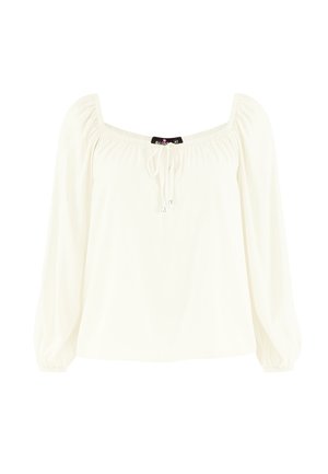 Biała bluzka o kwadratowym dekolcie, z długimi bufkami, elastycznymi mankietami i detalem w postaci sznureczka przy szyi. Lekki, gładki materiał.