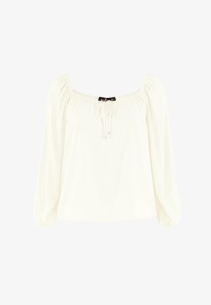Biała bluzka o kwadratowym dekolcie, z długimi bufkami, elastycznymi mankietami i detalem w postaci sznureczka przy szyi. Lekki, gładki materiał.