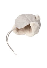 Gray fur-lined trapper hat with ear flaps, featuring a rounded top and a small pom-pom. Soft texture, adjustable chin ties.