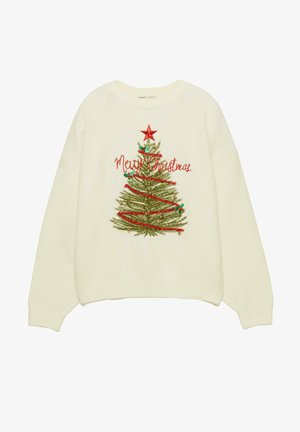 Fehér, kötött pulóver, zöld hímzett karácsonyfával, piros csillaggal, piros "Boldog Karácsonyt" felirattal és színes díszekkel.
