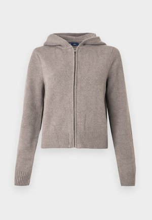 Sweat à capuche gris en maille avec poignets et ourlet côtelés, doté d'une fermeture éclair frontale et d'une finition texturée, conçu pour un usage décontracté.