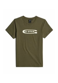 Oliven grøn bomuld t-shirt med rund hals og korte ærmer, med et hvidt "G-STAR" logo trykt på forsiden.