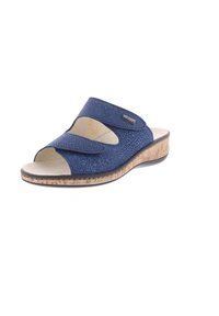 Blue slip-on sandal with two wide straps, textured upper, cork wedge sole, and a smooth inner lining. Features branding on the side.