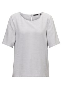 Haut à manches courtes rayé gris et blanc, avec un col rond et une texture douce, doté d'un détail en forme de trou à l'arrière.