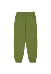 Pantalones de chándal verdes hechos de suave algodón, con una cinturilla elástica y puños ajustados en los tobillos. Diseño simple, sin patrones ni acentos.