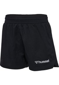 Czarne spodenki sportowe z elastycznym pasem, z bocznymi rozcięciami, miękką teksturą i białym logo "hummel" na dolnej prawej stronie.