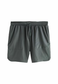 Grå atletiske shorts med elastisk talje, frontbinding, to sidelommer og trykt detalje på højre ben. Letvægtsstof.