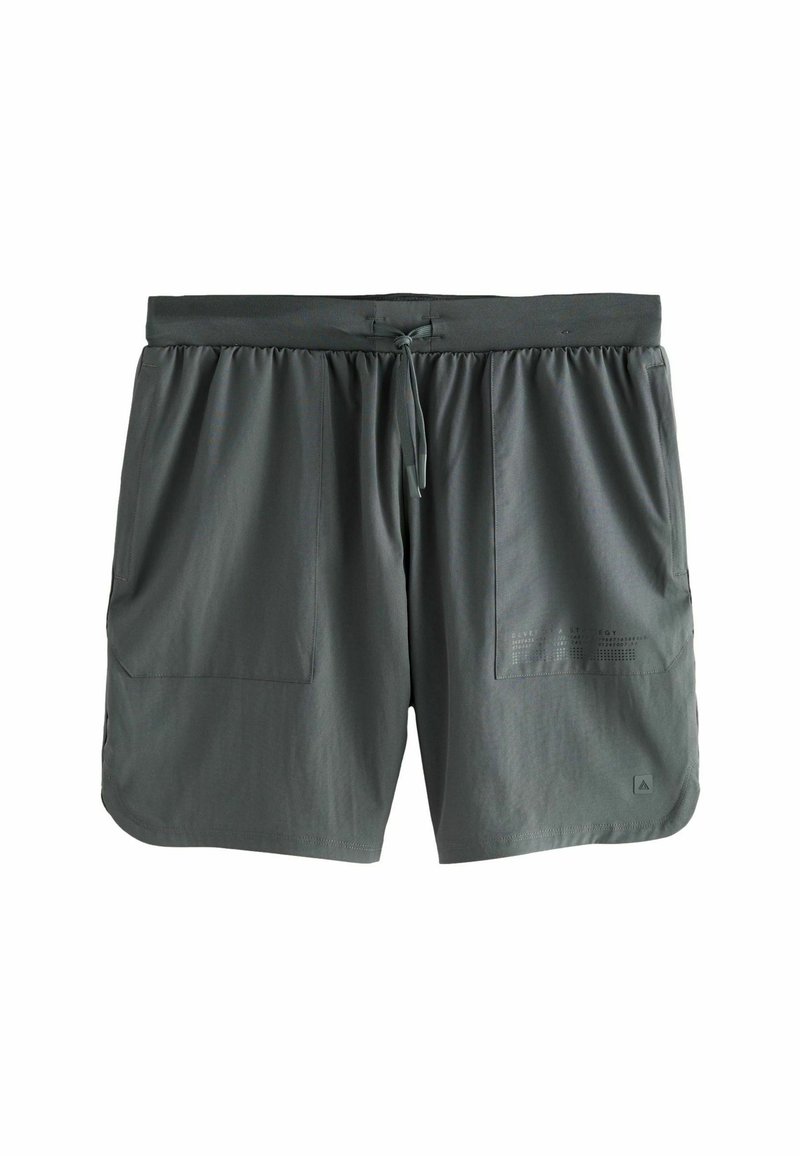Grå atletiske shorts med elastisk talje, frontbinding, to sidelommer og trykt detalje på højre ben. Letvægtsstof.