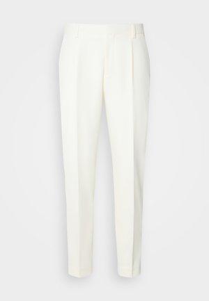 Hvide, skræddersyede bukser med lige ben, der har frontfolder og en glat overflade. Ingen synlige lommer eller udsmykninger.