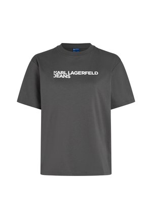Graues T-Shirt aus Baumwolle, mit kurzen Ärmeln, Rundhalsausschnitt und auffälligem weißen Text "KARL LAGERFELD JEANS" auf der Vorderseite.