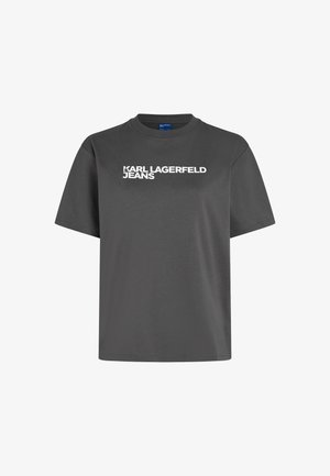 Graues T-Shirt aus Baumwolle, mit kurzen Ärmeln, Rundhalsausschnitt und auffälligem weißen Text "KARL LAGERFELD JEANS" auf der Vorderseite.