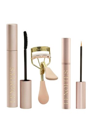Mascara tube with wand, gold and pink eyelash curler, and liquid eyeliner tube with fine brush applicator, all branded "L'ENOTTES."