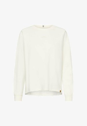 Long-sleeve white crewneck sweatshirt with raw hem and subtle text "LIVING IN THE MOMENT" on the chest.