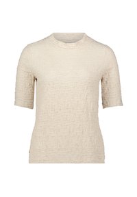 Haut beige à manches courtes avec une surface texturée, doté d'un col rond et d'une coupe ajustée. Le matériau semble doux et légèrement froissé.